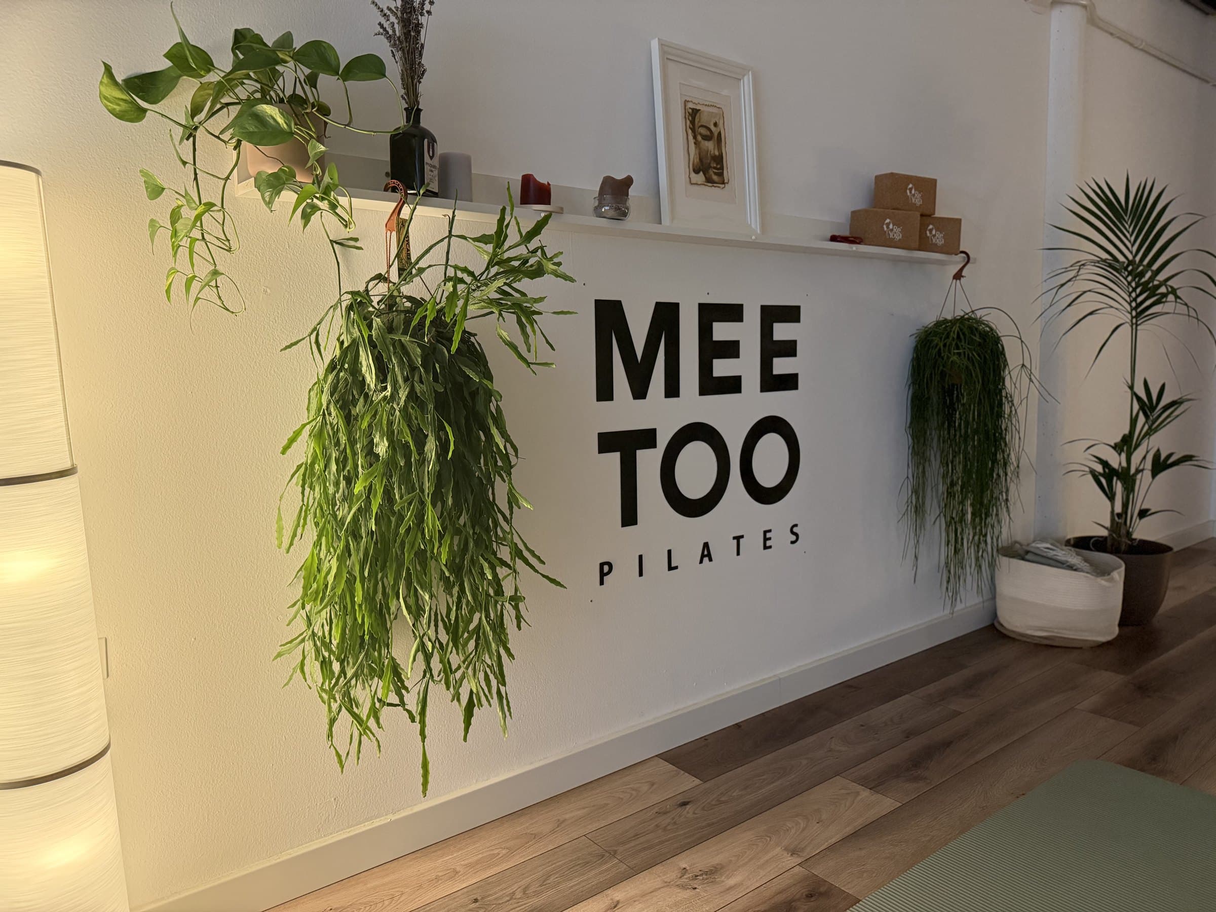 L'ingresso dello studio Mee Too Pilates con l'insegna e le piante